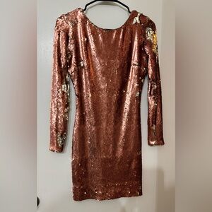 Dress the Population Blush/Gold Long Sleeve Sequin Dress Size Large Night Out